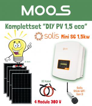 Mini PV Komplettset „DIY PV 1,5 eco“ inkl. 4 x Modul 380W*, Solis Mini S6 1,5K, Solis WiFi Stick mit Kabel und Zubehör