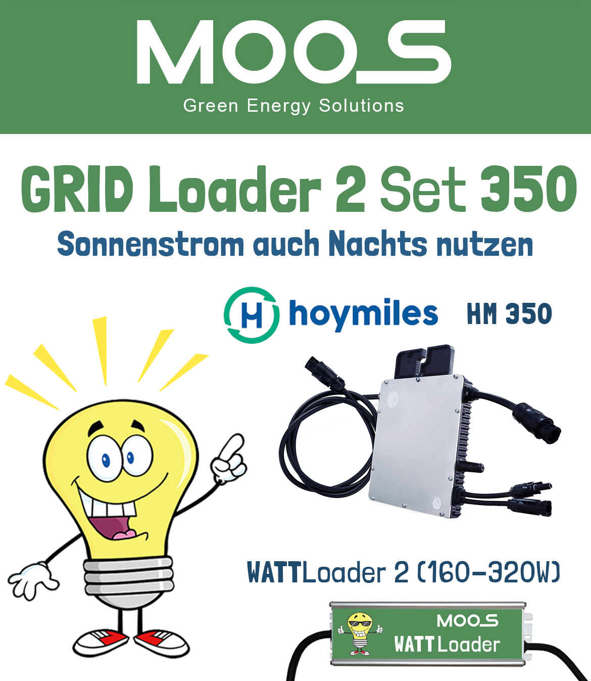 Green Energy Shop by Alexander MOOS - Hoymiles HM 350 Mikrowechselrichter +  MOOS WATTLoader 1 (75-150W)