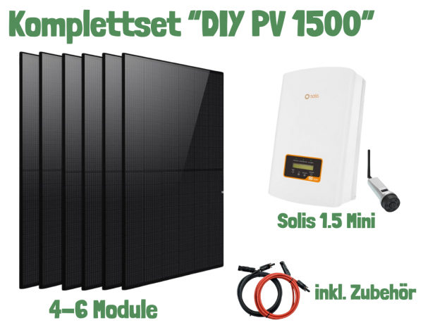 Mini PV Komplettset „DIY PV 1500“ inkl. 4-6 Module Full Black, Solis Mini S6 1,5K, Solis WiFi / LAN Stick mit Kabel und Zubehör