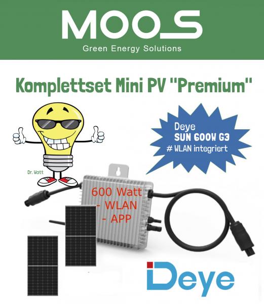Komplettset Mini PV "Premium"  inkl. Deye SUN 600W G3 mit WLAN, 2 x Modul 370W* und 1,5m AC Anschlusskabel  (oS)