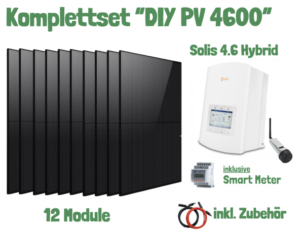 Mini PV Komplettset „DIY-PV 4600 Hybrid“ inkl. 12 x Modul 410W, Solis 4.6 KW Hybrid Wechselrichter 5G (inkl. 3ph Meter), Solis WiFi Stick mit Kabel